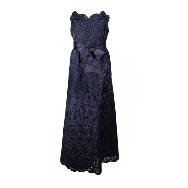 ARNOLD SCAASI Navy Floral Lace Gown Satin Belt Size 2