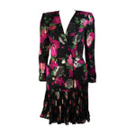 VICKY TIEL Black Silk Floral Pleated Chiffon Skirt Suit Size Small