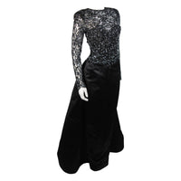 VICKY TIEL Black Embellished Lace Gown With Silk Skirt Size Small