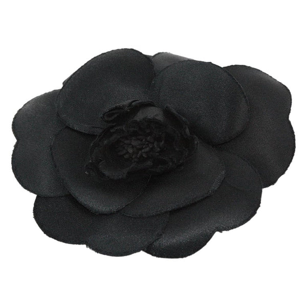CHANEL 1985 Black Silk Camellia Brooch