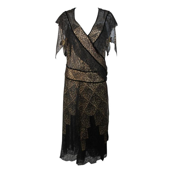 VINTAGE Circa 1920s Black & Gold Lace Velvet Draped Dress VINTAGE Circa 1920s Black & Gold Lace Velvet Draped Dress