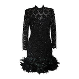 TRAVILLA Black Sequin Beaded Cocktail Dress with Feather Hem