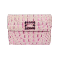 ANDREA PFISTER Pink and White Crocodile Embossed Leather Clutch with Rhinestone