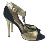 BETSEY JOHNSON Black Suede and Gold Leather T-Strap Peep Toe Stiletto Heels Size 9