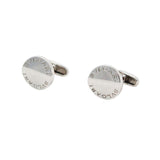 BVLGARI Circa 1990s Sterling Silver Cufflinks. Sterling Silver cufflinks Made by Bvlgari Curved circular shape Classic design featuring brand nameThey come with: ORIGINAL BOX NOT SHOWN IN IMAGES Italy, 1990s Measurements: Width: .5 in. Length: 1.25 in.