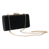 No Label: Black Leather Hard Shell Clutch with Gold Clasp and Long Chain