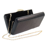 No Label: Black Leather Hard Shell Clutch with Gold Clasp and Long Chain