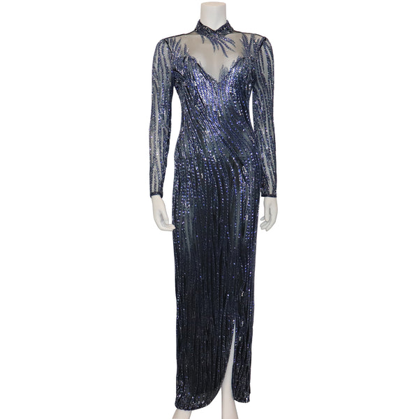 Bob Mackie Black Mesh w/ Blue Beading Long Sleeve High Neck Gown Circa The Paper Bag Princess Bob Mackie Black Mesh w/ Blue Beading Long Sleeve High Neck Gown Circa The Paper Bag Princess