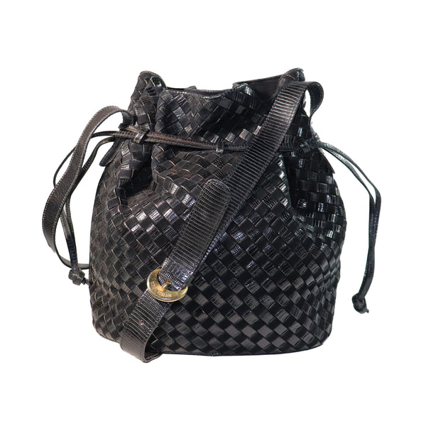 Bottega Veneta Black Classic Woven Lizard and Suede Large Drawstring Bucket Bag 