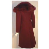 CHRISTIAN DIOR 1971 3 pc Burgundy Wool Coat Set. This is an Haute Couture three 4 piece ensemble by Christian Dior Haute Couture, from the winter collection 1971. It includes a burgundy wool double breasted coat with two front open square pockets, fox fur collar, and suede belt