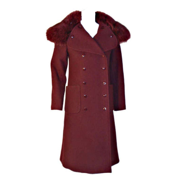 CHRISTIAN DIOR 1971 3 pc Burgundy Wool Coat Set. This is an Haute Couture three 4 piece ensemble by Christian Dior Haute Couture, from the winter collection 1971. It includes a burgundy wool double breasted coat with two front open square pockets, fox fur collar, and suede belt