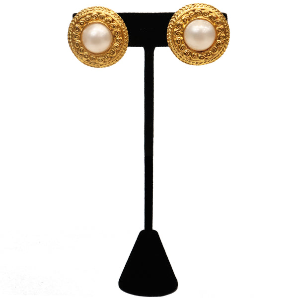 Chanel Round Faux Pearl Gold-tone Plated Metal Clip on Earrings Circa 1980s