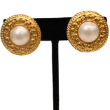 Chanel Round Faux Pearl Gold-tone Plated Metal Clip on Earrings Circa 1980s