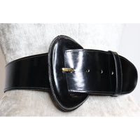 Donna Karan Black High Gloss Box Leather Belt w/ Oval Buckle Circa 1990s