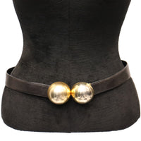 Donna Karan Black Leather Belt W/ 2 Large Gold Balls Closure