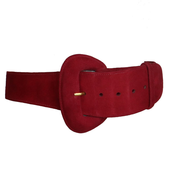 Donna Karan Red Suede Leather Belt w/ Oval Buckle Circa 1990s