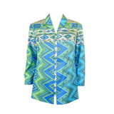 EMILIO PUCCI 1970s Mint Green & White Cotton Print Jacket. Made exclusively for Saks Fifth Avenue by Emilio Pucci Italy. Comprised of a blue, green and white abstract print cotton, with the signature "Emilio" throughout the pattern. The front closure snaps all the way down on a separate panel. There is no lining.Size: 12Measurements: Bust: 38"Sleeve: 21"Shoulder to shoulder: 17"Length: 26"