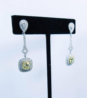 DIAMOND 18 Karat White Gold Drop Earrings with Yellow Round 3.25 Carat Center Diamond