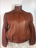 MIU MIU Tan Leather Smocked Detail Zip Front Leather Jacket Size 2-4