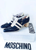 MOSCHINO Black Patent Leather Lace Up Striped Sporty Heels Size 7