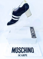 MOSCHINO Black Patent Leather Lace Up Striped Sporty Heels Size 7