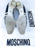 MOSCHINO Black Patent Leather Lace Up Striped Sporty Heels Size 7