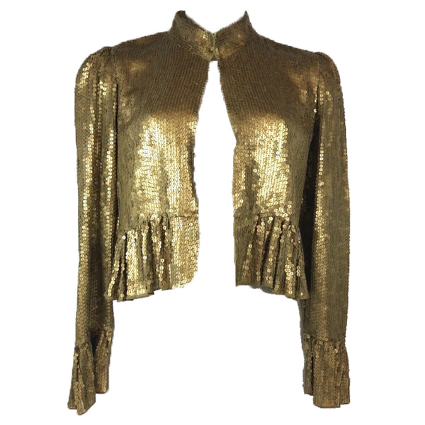 GENERRA 1990s Gold Sequin Jacket with Ruffle Sleeves and Hem Size 6