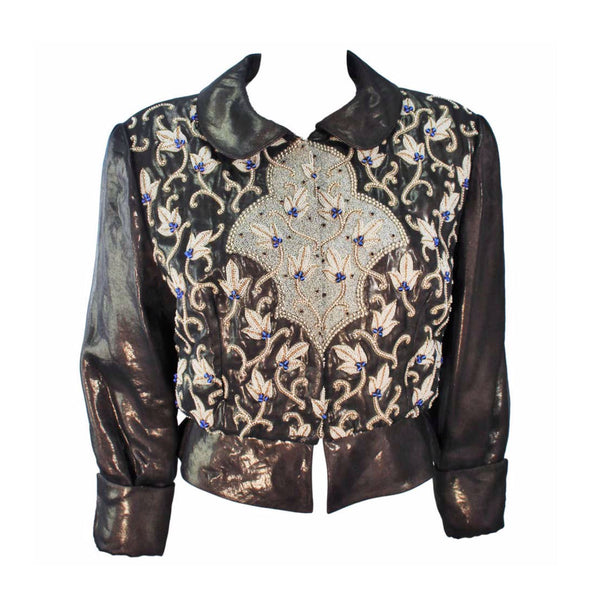 GIORGIO ARMANI Bronze Jacket with Beaded Embroidery Size 44. This Giorgio Armani jacket is composed of a bronze fabric with bead applique and embroidery. There are center front button closures. In excellent vintage condition. 
