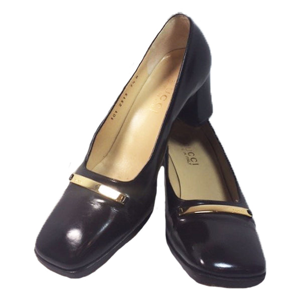 GUCCI Brown Patent Leather Gold Logo Block Heel With Box Size 7 1/2