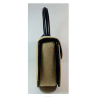 GUCCI Tan Wool Purse. This Gucci tan wool purse features a black bar closure, black leather handle, and attached leather tag. Measurements in Inches: Height: 7 Width: 11 Length: 3 Handle: 12