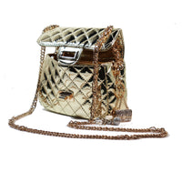 No Label: Gold Quilted Purse w/ Gold Crossbody Chain and Heart with lock Keychain on side. 