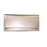 No Label; Gold metallic fold over wallet   Measurements:  Length: 9 in.  Height: 4 in.  Width: .5 in