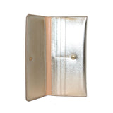 No Label; Gold metallic fold over wallet   Measurements:  Length: 9 in.  Height: 4 in.  Width: .5 in