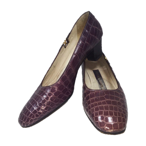 HELEN ARPELS 1960s Purple Croc Shoes with Gold Detail Size 7 1/2