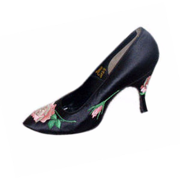 HERBERT LEVINE Black Silk w/ Embroidered Pink Rose Heels Size 7