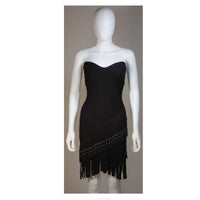 HERVE LEGER Black Bodicon Cocktail Dress with Gromets and Fringe Size XS