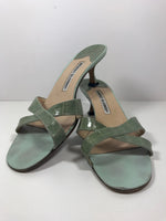 MANOLO BLAHNIK Sage Green Crocodile Cross Strap Slide Sandal Heel Size 38 1/2