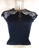 BLUMARINE Navy Cotton Knit w/ Lace & Pearl Collar Top Size 38