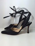 MANOLO BLAHNIK Black Satin Mules with Ankle Tie Straps Size 37