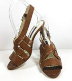 RALPH LAUREN Collection Brown Leather Open Toe Slingback Sandals with 3 Inch Heel