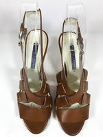 RALPH LAUREN Collection Brown Leather Open Toe Slingback Sandals with 3 Inch Heel
