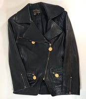 DONNA KARAN Black Biker Jacket w/ Gold Zipper Coin Detail Size 2