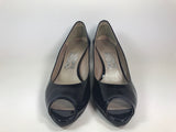 SALVATORE FERRAGAMO Black Open Toe Patent Leather Wedge Heel Size 7 1/2