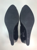 SALVATORE FERRAGAMO Black Open Toe Patent Leather Wedge Heel Size 7 1/2