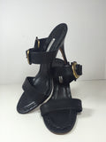 MANOLO BLAHNIK Black Leather Heel Sandal with Gold Buckle Size 39