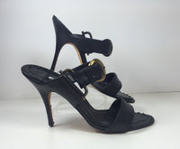 MANOLO BLAHNIK Black Leather Heel Sandal with Gold Buckle Size 39