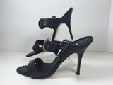 MANOLO BLAHNIK Black Leather Heel Sandal with Gold Buckle Size 39