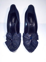 GIAMBATTISTA VALLI Black Satin Platform Heels with Flower Detail and Leather Sole Size 9