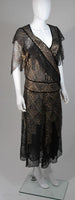 VINTAGE Circa 1920s Black & Gold Lace Velvet Draped Dress