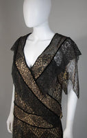 VINTAGE Circa 1920s Black & Gold Lace Velvet Draped Dress